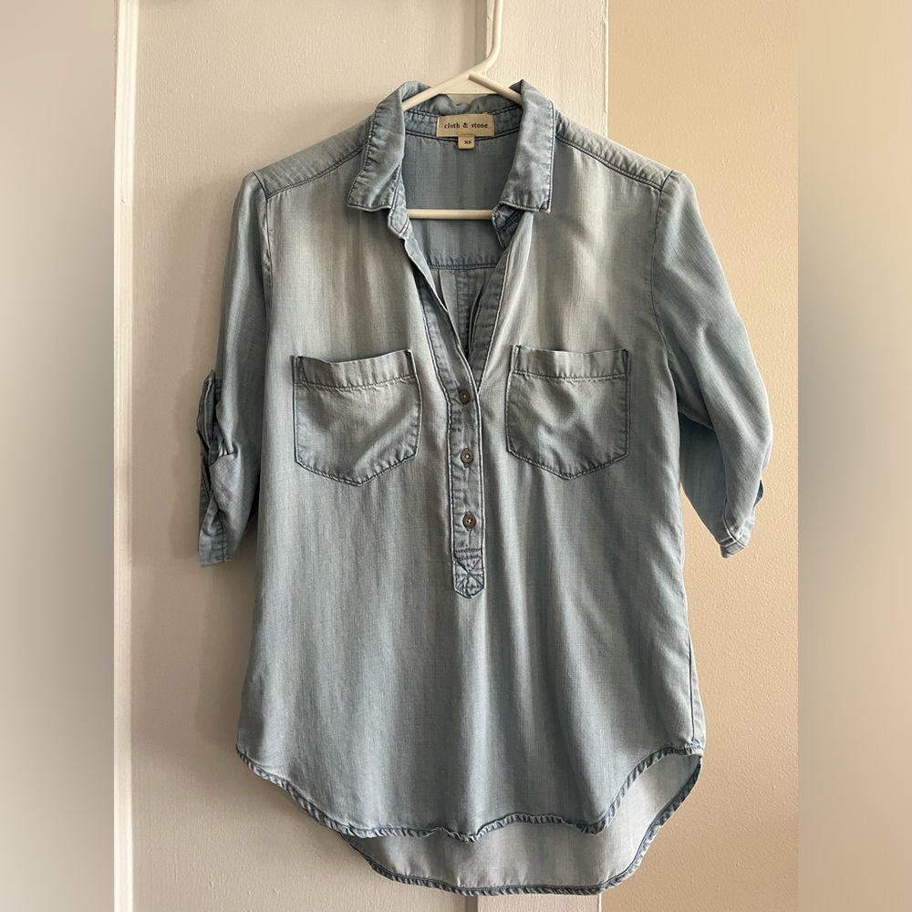 Cloth & Stone Essential Chambray Popover Shirt XS Halfway Button Down Tencel